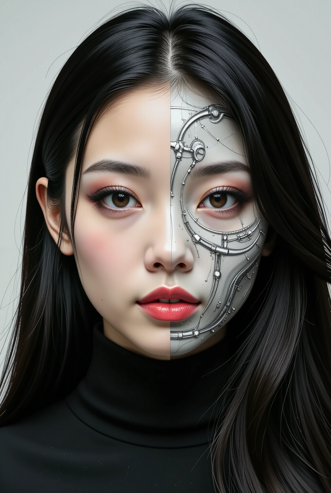 A digital artwork in the style of cknc, in the style of ck-ncr, split image in two halves, one half shows a stunning oriental woman, dark hair, dark eyeshadow, red lips, the other half shows the woman as an android cyborg with ceramic face parts, revealing full transparent glass head with mechanical parts