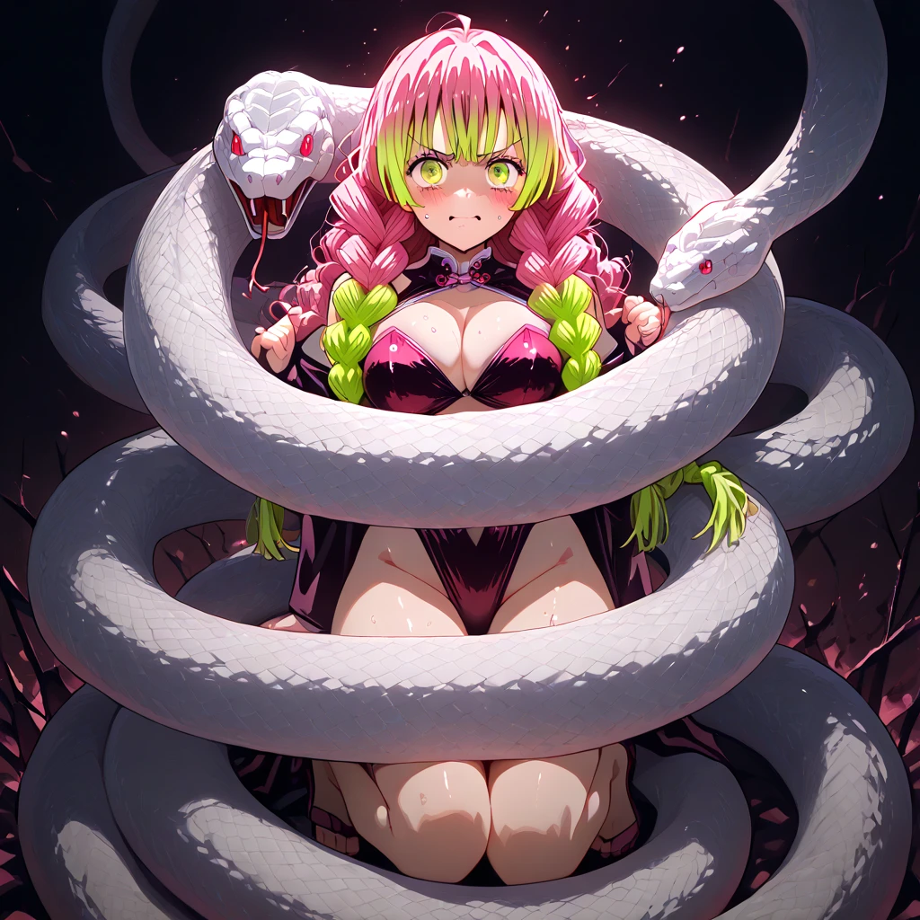 Girl, Anime girl with long hair, Anime moe art style, Anime visuals of cute girls, anime best girl, pretty anime girl, Smooth anime CG art, seductive anime girls, charming anime girls, Cute anime girl, Shining eyes, huge boob, mitsuri, (((Panties and NNO bras))),, Pink hair, Tips for green hair, Green eyes, Thick thighs, Bedroom, Warm light,Lie down in bed,Place your hands on the back of your head,Expose the armpits,The reveal panties,Open your legs outward,A dog collar worn around the neck,Flushed face,Very wide open mouth,Whole body diagram,Two black tentacles wrap around the abdomen,Lie down in bed,The bed was covered with black tentacles,Thick black tentacles reached into the girl's mouth,Girls and tentacles are breeding,The girl opened her mouth wide,Suck black tentacles,The bed was covered with black tentacles,The girl's body is covered with black tentacles。