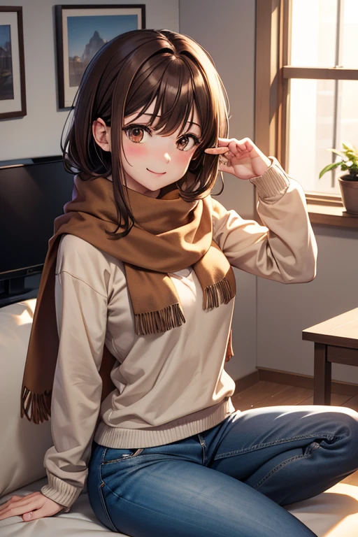 Bell, anime, Brown Hair, Medium chest, Brown eyes, A light smile, jeans, scarf, Grey sweatshirt, Blue pants, Sitting, Sitting cross-legged, Inside the smart home, Sitting on the couch, Asada Shino's face, anime Sword Art Online, highest quality