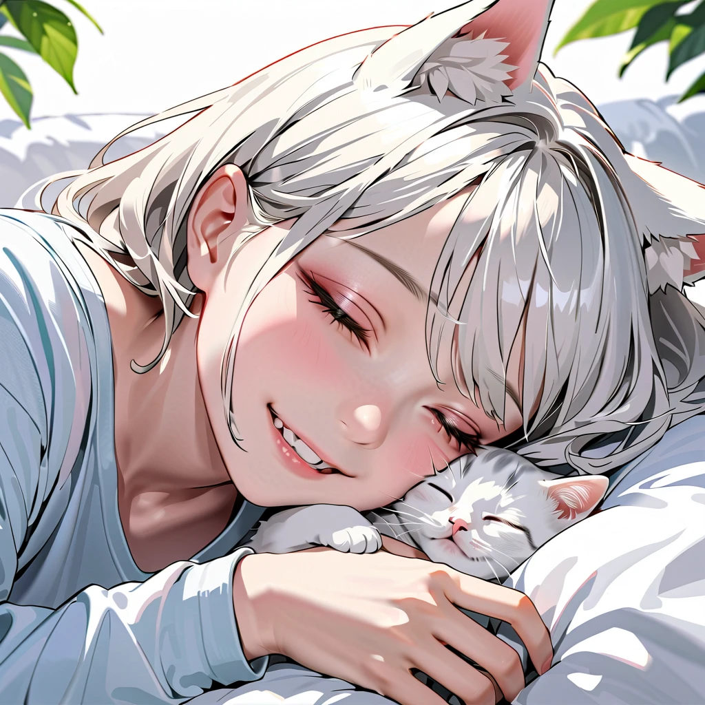 A teenage boy with white hair in a large nursery, chewing on a teething ring, playing with baby toys, wearing a onesie pajama, drooling, wearing a diaper, sleeping in a crib, holding a cat plush, high quality, extremely detailed, highly detailed, masterpiece, soft lighting, warm colors, pastel colors, adorable, cute, 
