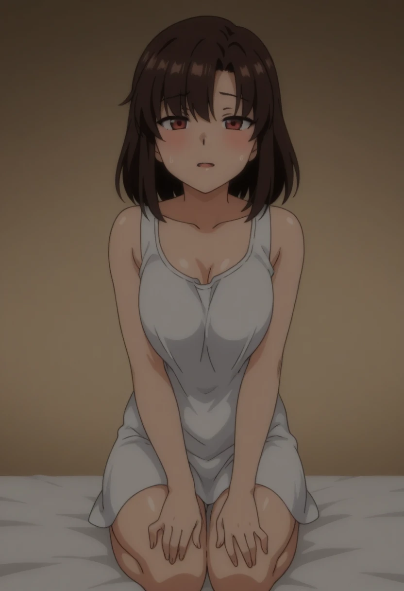 1 girl, (dark skin:1.2), shy, cute, (8k, RAW photo, best quality, masterpiece:1.2) ultra-detailed, detailed, vivid colors, studio lighting, blank eyes, white eyes, (detailed eyes, perfect eyes:1.1) black hair, extremely short hair, anatomically correct, brown eyes, floral summer dress, cleavage, anime screenshot, short skirt, locked inside cage, caged bars, eroge, worried, facing the viewer, scared, dark room, bad ending, extremely long curly hair, bent ove teary eyed, mouth closed, hime bangs, chained, 1girl, heavily pregnant, empty eyes, sitting on floor, viewed from the side