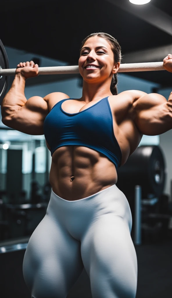 Image of a woman with muscular thighs in a modern gym with a vibrant background. highlighting muscular thighs. Vibrant colors and dramatic lighting to highlight muscles.