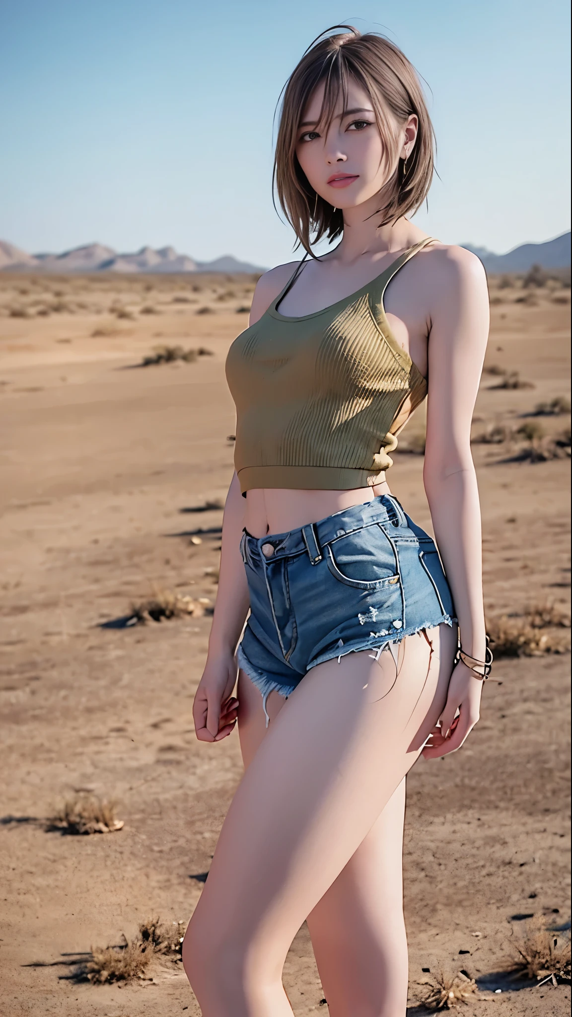 masterpiece,need,lifelike,Jennie wore a worn black sweater,Sexy,bandage,Layering,Hollow,Full body image,Feral,Khaki washed distressed shorts,Black hair,Open shoulders,Layering,Long legs,,Wasteland Punk Style,Wasteland in the background,desert,The details of wind and dust are complex,,HD,Photography Lighting,16K