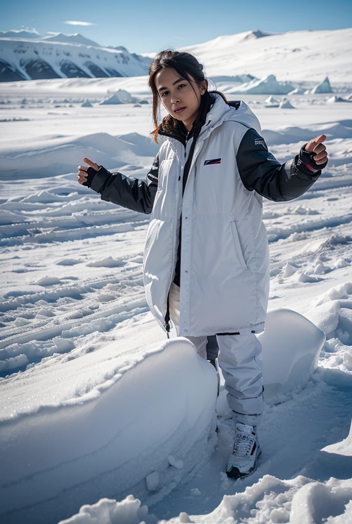 A little girl in a white fur coat and warm pants stands in Antarctica surrounded by penguins