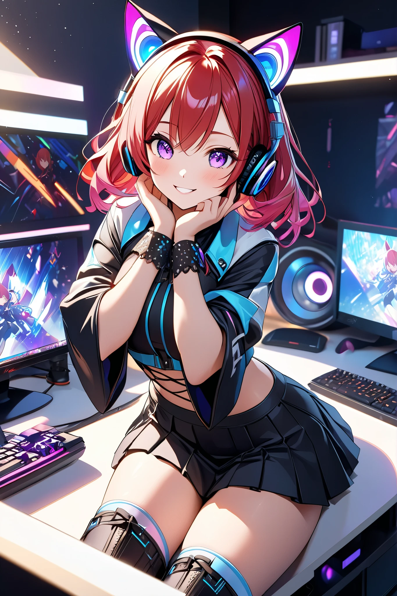 A beautiful woman, (nice curves), (sexy body) with long red hair with pink tips and bright purple eyes, (eyes rich in detail), (eyes detailed), wearing a futuristic black outfit with bright blue details on the sleeves, she wears cat-ear headphones and a headset microphone. Her outfit includes a stylish cropped jacket with wide sleeves, a pleated skirt with white stripes and black lace-up boots, makes a heart with her hands near her face, (close-up from the waist up) smiling warmly. The background is a bedroom with a gaming computer in the background. The art style is detailed and colorful, with soft dynamic lighting and slightly 3D anime shading, in high resolution, (ray tracing)