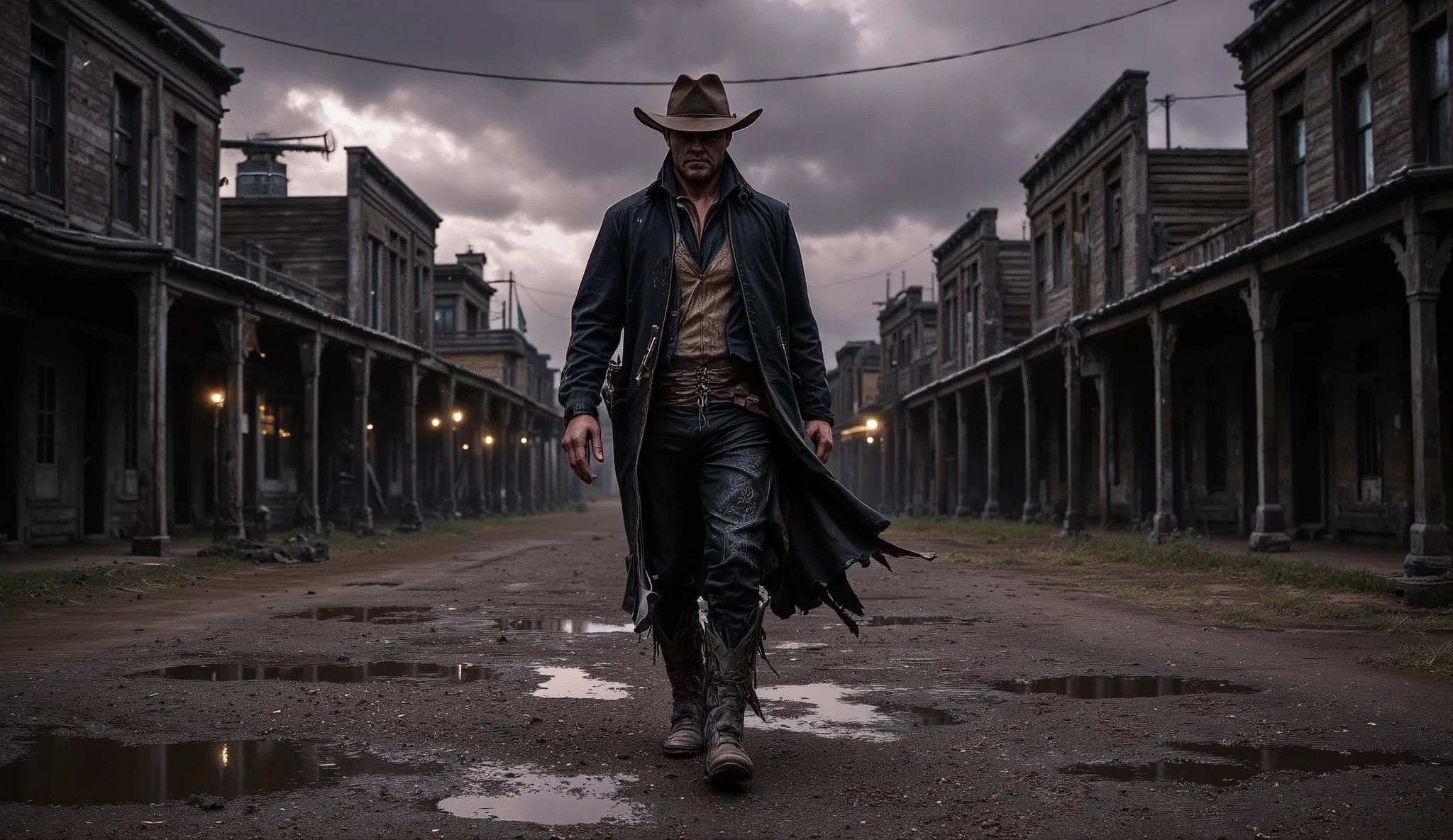 Hyper-realistic cinematic wide shot captured in 16:9 aspect ratio: a solitary cowboy walks slowly down the center of a deserted, mud-soaked street in a crumbling, forgotten Old West town at dusk. The cold air hangs heavy with mist and the lingering threat of rain. The camera frames him from a low front-facing angle, emphasizing the gritty determination in his slow, deliberate steps. In one hand, he loosely grips a weathered pistol, its metal surface tarnished and catching the faintest glint of dying light.
The sky above is an endless expanse of thick, dark storm clouds, painted in bruised shades of deep purple and ashen gray. Dim, uneven lanterns flicker weakly from crooked wooden buildings, their light struggling against the creeping darkness. The ground is churned and uneven, with puddles of murky water reflecting the distorted, ghostly outlines of the surrounding town.
Photorealistic textures capture every painstaking detail: the cracked, mud-caked boots of the cowboy, the frayed edges of his dust-smeared duster coat fluttering slightly in the chill wind, the battered wooden facades of abandoned saloons and general stores leaning precariously inward as if suffocating under the weight of time.
A shallow depth of field keeps the cowboy razor-sharp in focus, while the rest of the town, heavy with silence and decay, fades into a soft, melancholic blur. The tone is grim, cold, and loaded with tension — a haunting portrait of isolation, confrontation, and the harsh desolation of the frontier.
Captured with a vintage 35mm film camera, featuring soft organic film grain, naturalistic lighting with deep shadow pockets, muted color grading dominated by muddy browns, cold grays, and faded indigos, and a brooding cinematic composition that feels like the lead-in to an inevitable, tragic showdown.