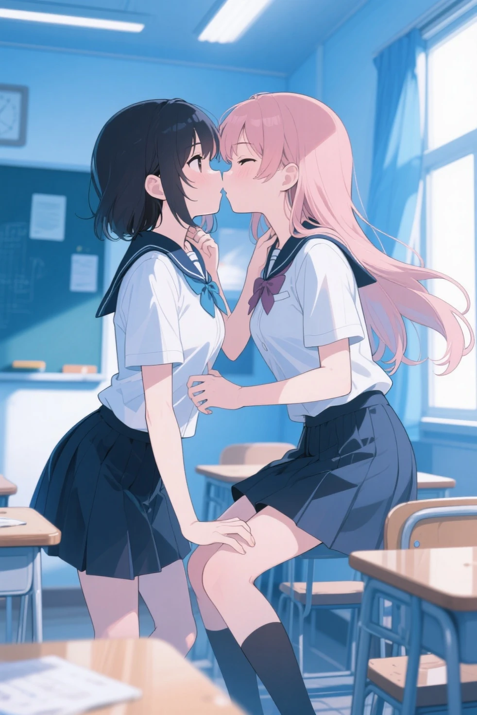 ((Highest quality、High resolution))、(((Two Girls))), Portraiture、beautiful girl、Perfect body、Beautiful and bountiful 、classroom、high school girl、Sailor suit、Embarrassing、(((抱き合ってkissしてる、kiss、lily、I&#39;Seduce you)))