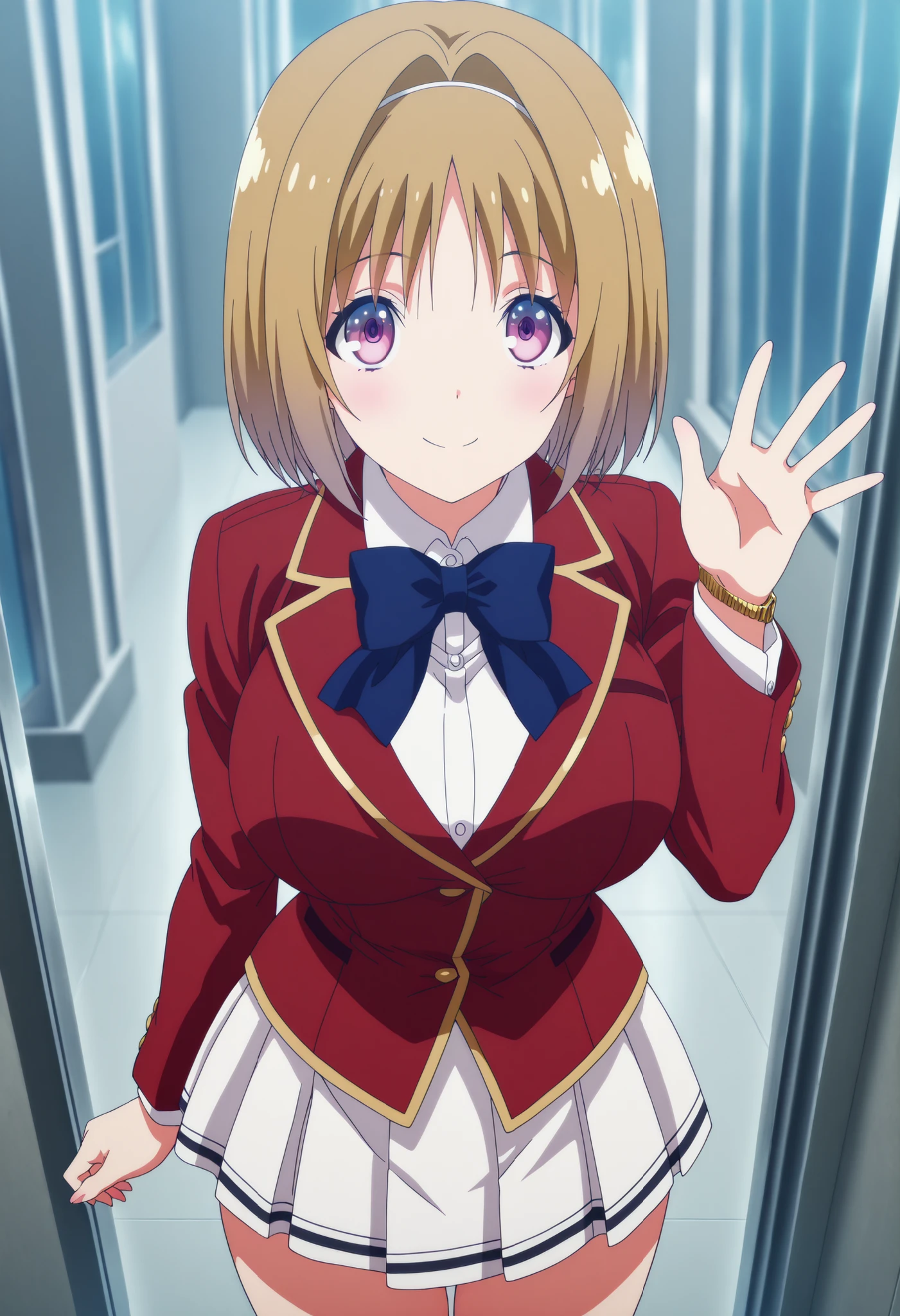 masterpiece, the best quality, Very detailed, , masterpiece, the best quality, eyelashes, (beautiful eyelashes), image of a cowboy
Kushida kikyou,
anime, Official art , big breasts, blush, Red leather,big breasts, short brown hair , A smile , Purple eyes , gold ,
red jacket , latex skirt ,white skirt , shirts
Watch viewers , Put your hand on your lower back ,waving , soft thighs,