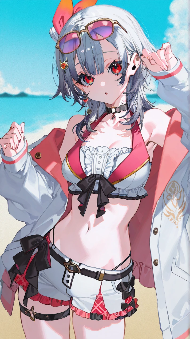 "anime girl, 1 person, black hair, shoulder length hair, red eyes, glasses,((with white horns)), black crow wings behind, female, adult girl, swimsuit, bikini, breasts big, flip flops, blushing, licking lips, close look, tourist beach, (sharp image)"