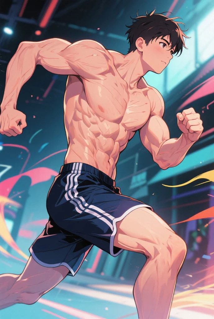 Guy raising arms in the air cheering, clenched fist, topless, Sweat，There&#39;s a basketball court behind., 8K raw, high quality