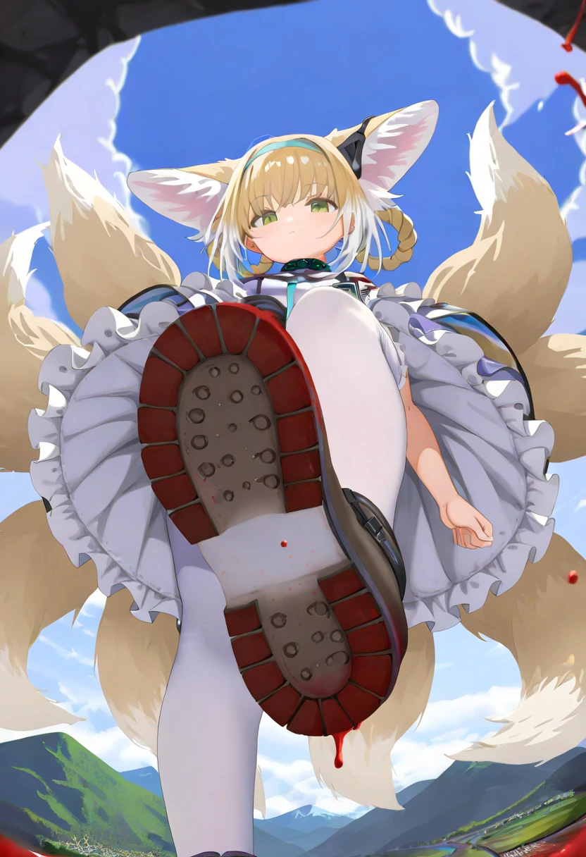 score_9,score_8_up,score_7_up,source_anime BREAK 1girl,solo,suzuran,tails,multiple tails,animal ear fluff,animal ears,blonde hair,green eyes,school outfit,,hair rings,blue hairband,bare shoulders,white pantyhose,foot focus, futanari, spread legs