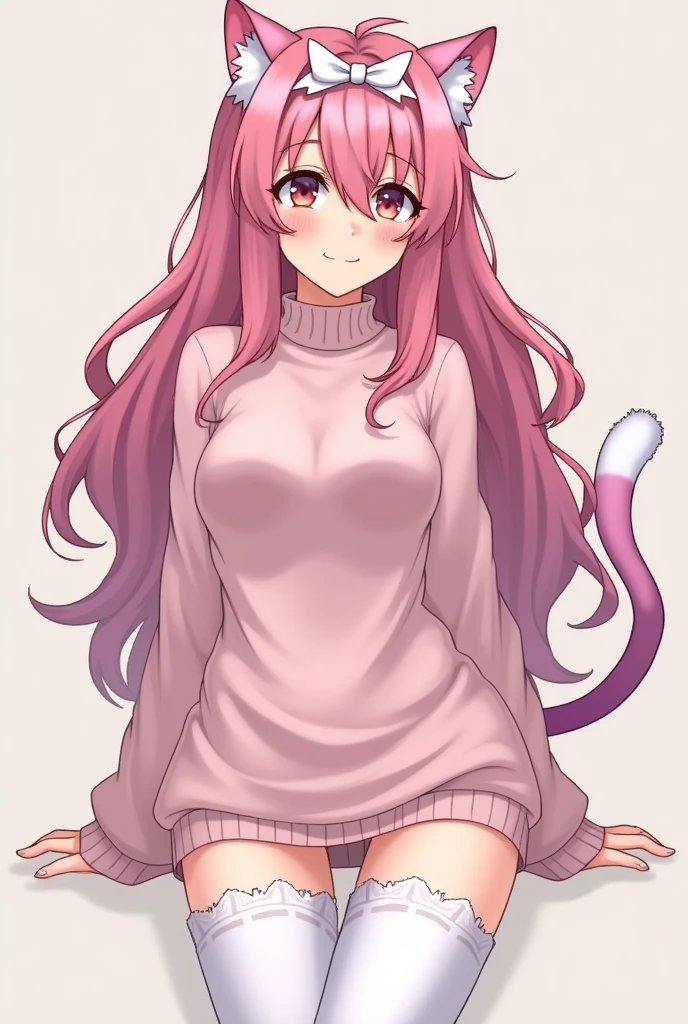 masterpiece, high quality portrait, 3D realistic CG, dramatic lighting, intricate details, sharp focus, 16k, anthro, furry, 1girl, cute girl, solo, cat, light pink fur, dark pink hair, long hair, whiskers, strawberry theme, medium breasts, (petite:1.2) oversized sweater, thigh-high stockings, strawberries
