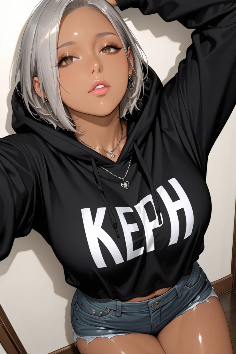 Beautiful woman with short straight brown hair with black eyes wearing a Black Gym Tight Leggings, a Grey Sexy Criss Cross Mock Neck Mid Sleeves Blouse, (ebony skin), (light brown lipstick) , cum on face , (spread legs 1.5