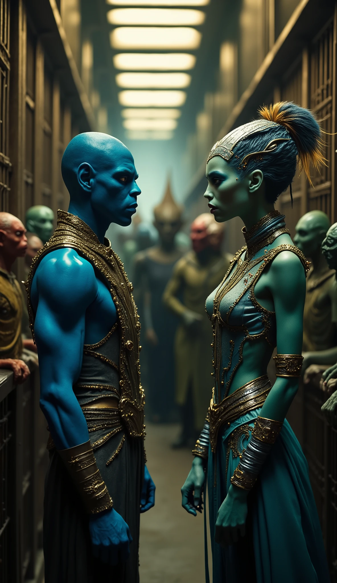 arafed image of a group of people dressed in costumes sitting at a table, still from movie dune, inspired by Philippe Druillet, by Vanessa Beecroft, vhs colour photography, cleopatra, circa 1 9 8 4, g cgsociety, 2070s, by Wojciech Siudmak, musk ( 2 0 2 4 ) --auto --s2