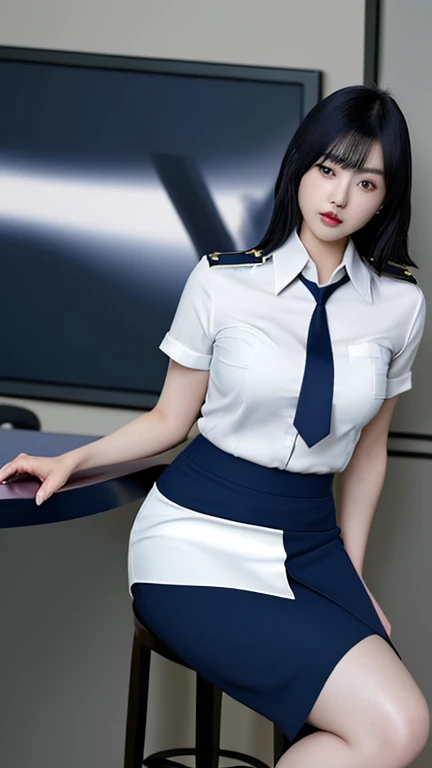 Highest quality, Masterpiece, 8K, ultra high definition, (realistic: 1.4), 1 woman, Beautiful face, symmetrical eyes, big, perfect body proportions, หน้าอกขนาดbig, Nipples visible, visible crack, The shirt reveals the chest., Air hostess uniform, Viewer&#39;s appearance, (inside the plane: 1.2), front view, shoulder jump, absolute space (1.3),
