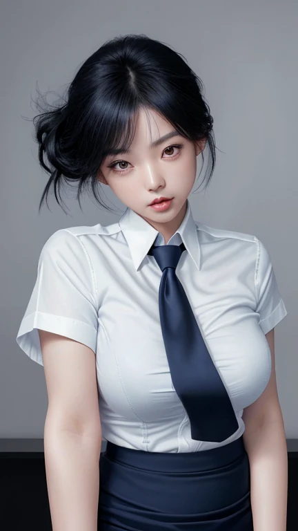 Young girl with big breasts Wear a white shirt. There is a name tag on the left chest. Tie a dark blue necktie Wear a dark blue petal skirt. Wear a black leather belt with a silver buckle. Tie your hair into a ponytail and tie it with a white bow.