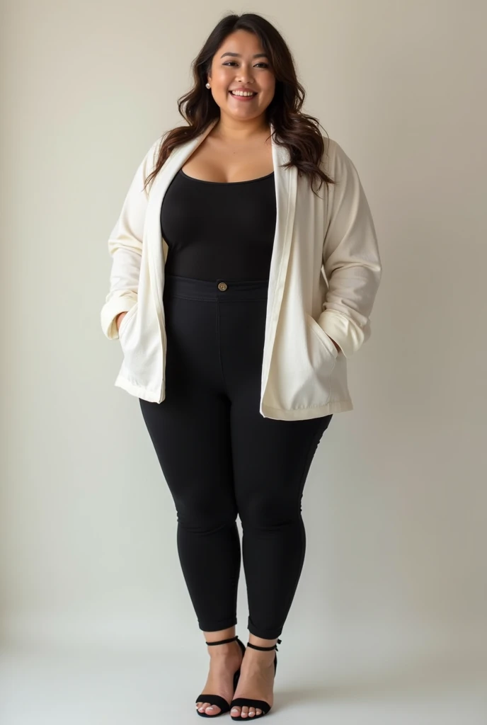 captured with a Sony α7 III camera, young Black American, perfect hourglass body figure, fitted cardigan Deep navy in color above the hip line, inner Blouse Mustard yellow, straight cut trousers grey in color, white high heels, standing straight, creamy white background.