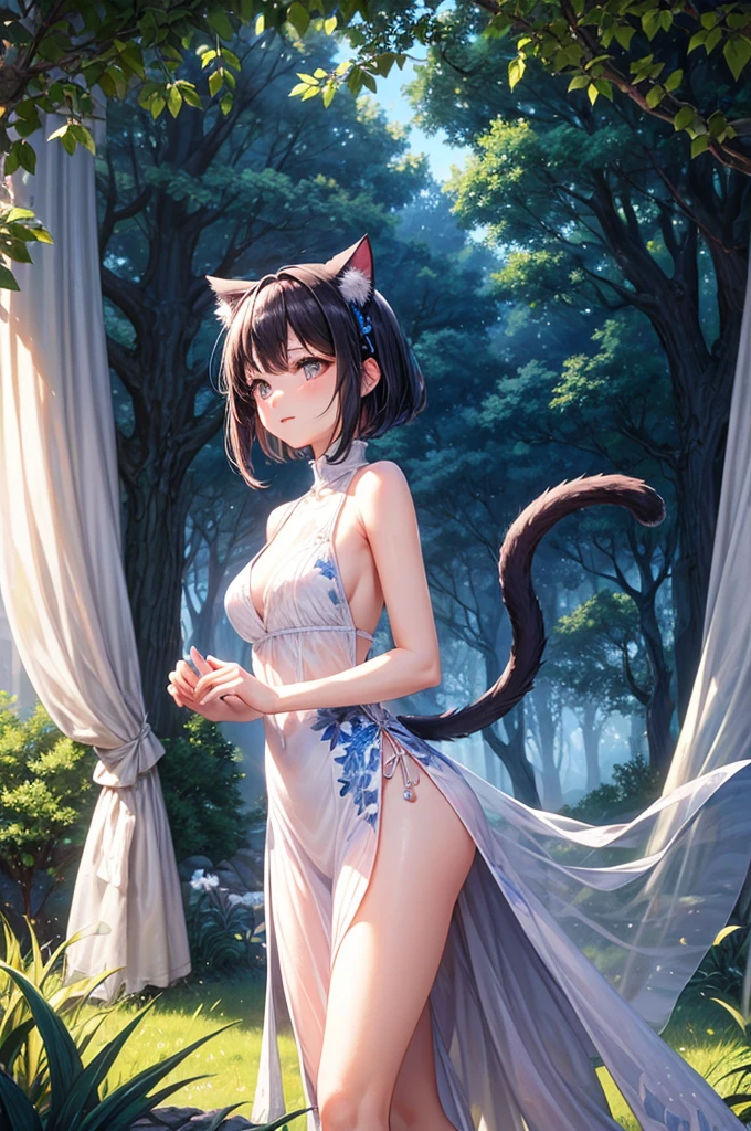 dynamic_angle,dynamic_pose,effect*_glossy,effect*_light_rays,magical*_effect,*_light_particle,shack,bamboo_forest,solo,1girl,Chinese,habit,China-style_made_costume,China-style_made,pixie cut,black hair,streaked hair,multicolored eye,glowing pupils,wet,habit,headdress,Multiple_earrings,open clothes,adjusting bra,