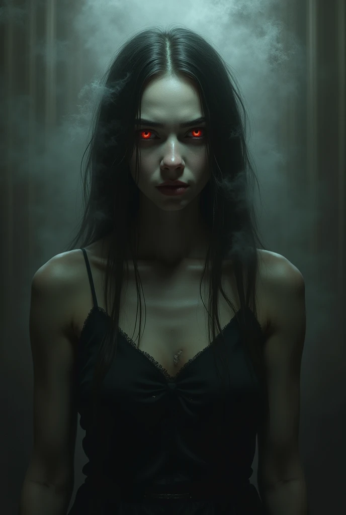 A very pale humanoid character, with red eyes, her name is (The Englewood Succubus), naked, she is crazy, nuts, horror, she is creepy, she is scary, shock value, very evil, she is skinny, evoke, fear, terror, dread, decay, disgust, she is a Psycho, dark, unusually thin, unusually attractive, thin, scraggly, emaciated, twisted, frightening, sick, solo, close up, (messy_long_dark_hair), fog, evil eyes, eyes glowing, (she is wearing a very dirty old torn_black_dresall weather, dusk, rising from her grave, full body, floating in the air, vampire, 1600s