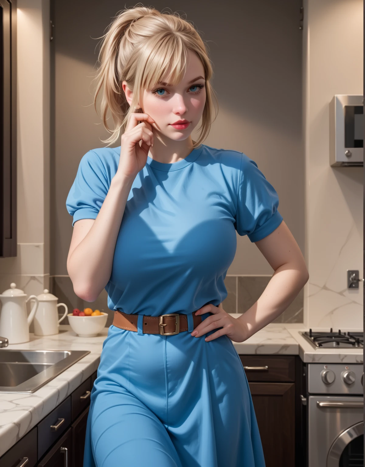 masterpiece, sexy, perfect face, huge breasts, large breasts, russian girl, white background, anna_liebert, (8k, RAW photo, best quality, masterpiece:1.2), (realistic, photo-realistic:1.33), detailed eyes, natural lighting, depth of field, film grain, (looking at viewer:1.3), ((blonde hair)), (blue eyes:1.21), curvy body, (pale skin:1.21), 1girl, naked apron, kitchen, sexually suggestive, <lora:Anna_Liebert_T-v2:0.3> <lora:hipoly3DModelLora_v20:0.4> <lora:Dalcefo_v3_Painting_Kappa-LoRA300:0.2>