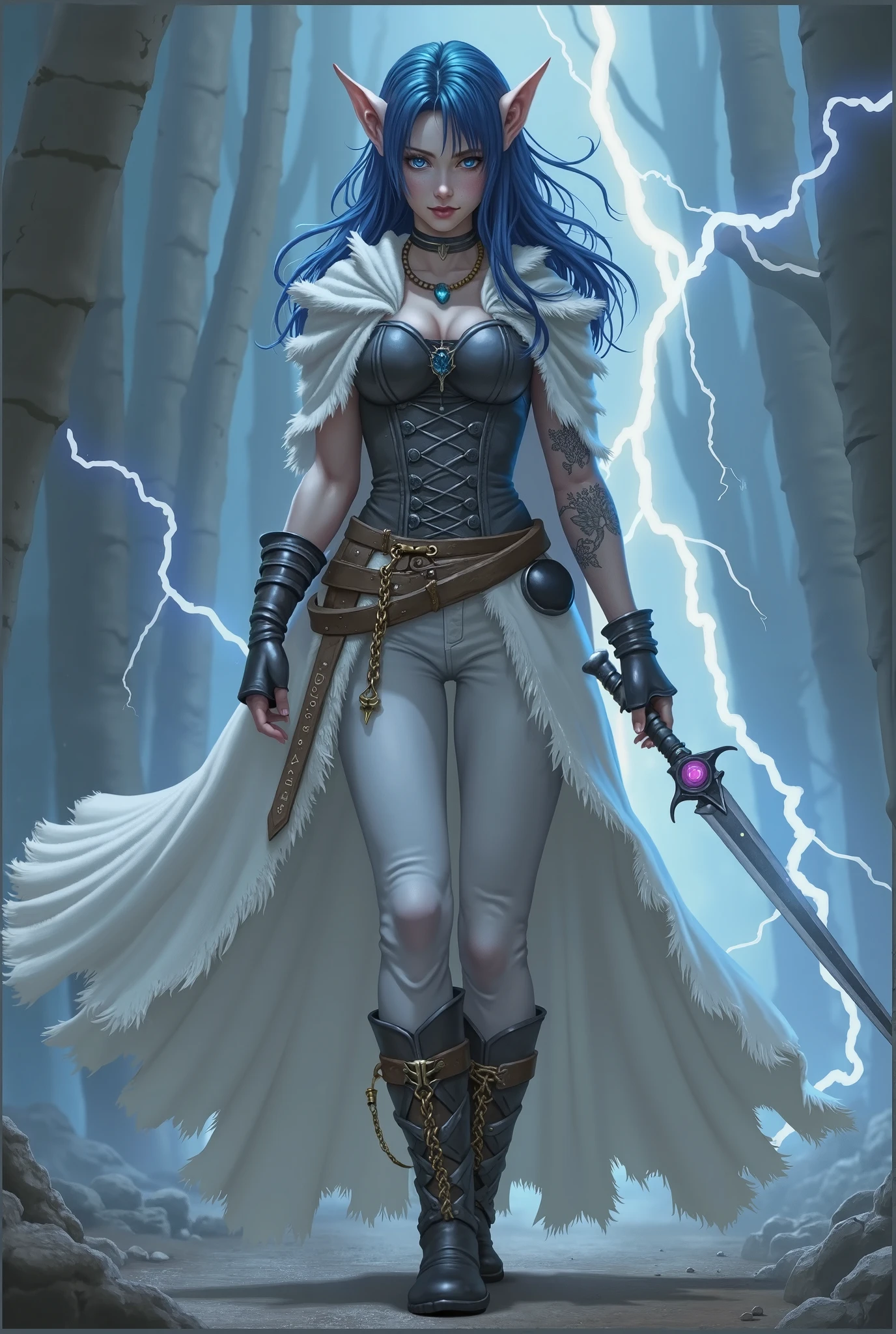 woman warrior, medium hair blue with iridescent highlights, purple eyes, Scars on the hands, black steel realistic chest plate, purple skirt, chainmail pants, shoulder pads, bandages on the wrists, blue poleax, black steel boots with gold plating, trees made of ice, lightning, gloomy atmosphere, masterpiece