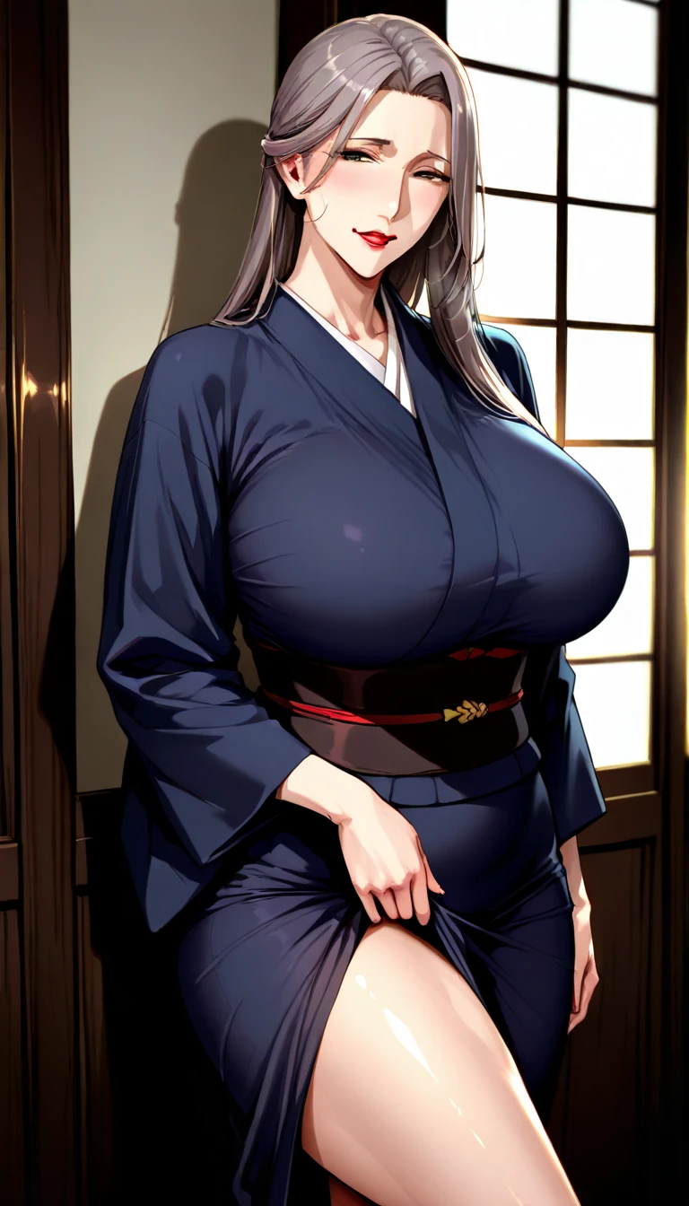 High resolution, Sharp focus, pixiv masterpiece, ((Intricate details)), Very detailed, Key Visual, One Girl, tsukuyo, Kimono with autumn leaf pattern, Black kimono, blonde, Purple eyes, Cowboy Shot, Displaying the viewer, kunaboto style,(((Huge breasts))),(kunaboto style),Huge breastsの谷間、Raised nipples、Vulgar women、Thick thighs、blonde hair, purple eyes, folded ponytail, hair ornament
kimono patterned with autumn leaves, black kimono Sharp Eyes、