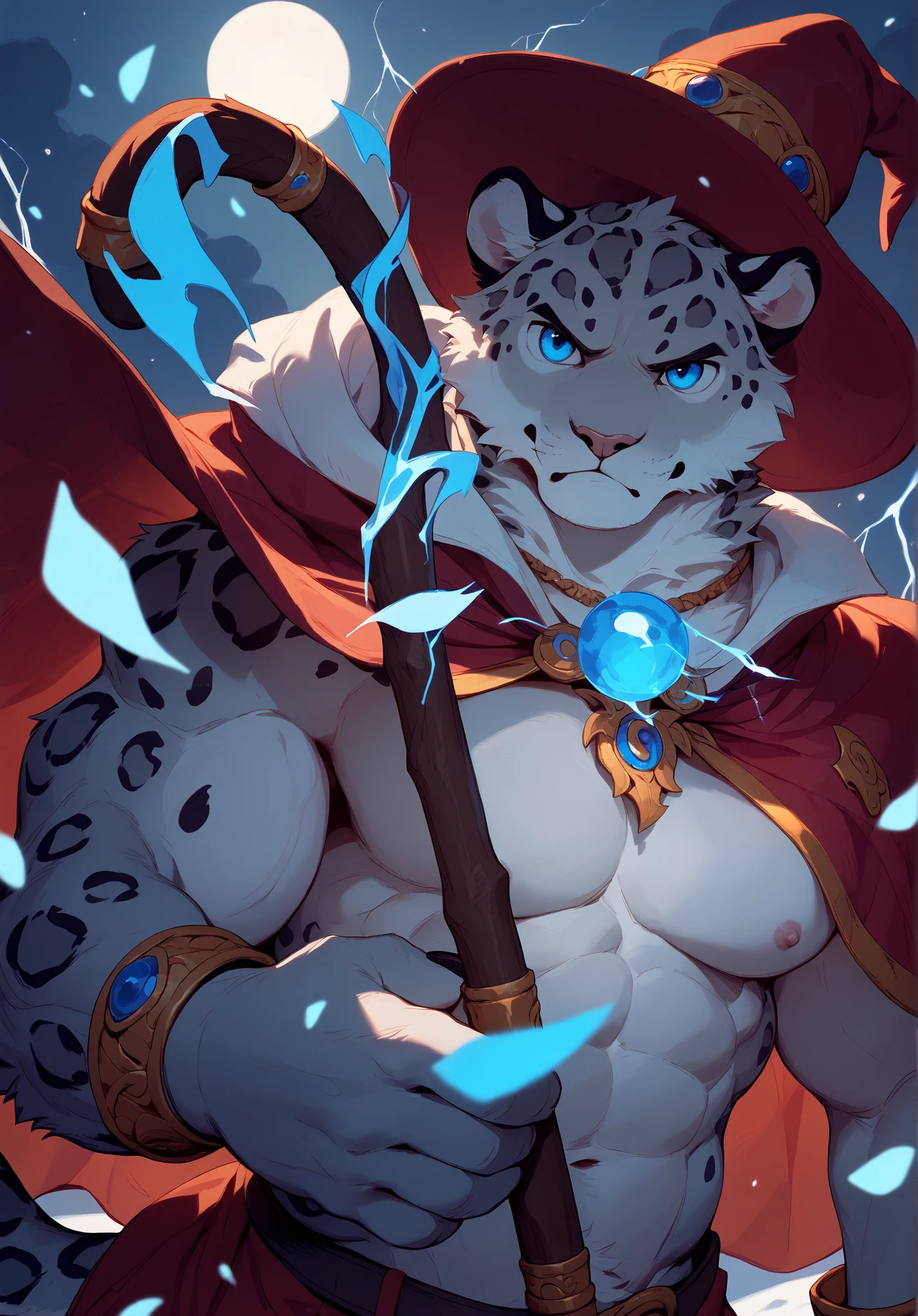 Best Quality,High Quality,Ultra High Resolution,detailed eyes, Exquisite Face ,snow leopard,magician, Lightning Magic ,night,serious,Meatball,nipple,(Tail),5 Fingers,paw,serious表情,No shirt,Chest muscles,Abdominal muscles,Slim Necklace ,(Staff),big eyes,Cute Face,blue eyes,artist:Arashi Takehoto