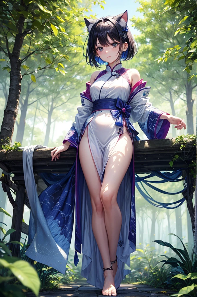 A masterpiece, the best quality, stunning reflections, the best reflections ever. (very detailed CG unity 8k wallpaperest quality), (best illustrationest shadoworest theme with natural elements. Tall trees, quiet streams, small glowing mushrooms surrounded by delicate leaves and branches, with fireflies and glowing particle effects,, (natural elements), (jungle theme), (leaves), (twigireflieutterflies, (delicate leaves), (glow), (particle effects). , Isometric 3D, Octane Rendering, Ray Traced, Super Detailed, 1 girl, Shinobu kocho demon slayer, slim body, skinny body, shinning purple eyes, purple hair, Graceful, beautiful face, detailed face, medium breast, nipples, areola nipples, Her vagina is clearly visible, vagina, open legs, spread legs, thighs,(Very detailed CG unity 8K wallpaper).