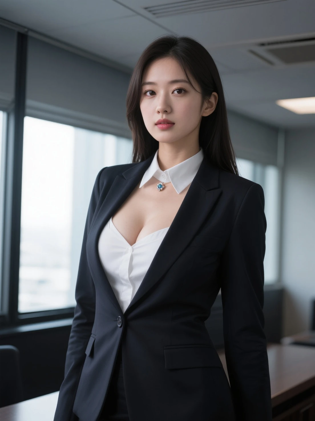(Grey Business Suit:1.5)、A MILF、Thick makeup、Longhaire、Aging skin、loose whole body flesh、爆乳