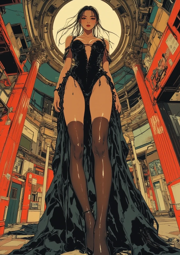 Masterpiece, best quality, Masterpiece, best quality, 1 woman , black skin , Karin , long black hair , sly face , smile , black bikini , abdomen, big breasts , Long legs , Barefoot , hands on hips , abandoned factory , at night