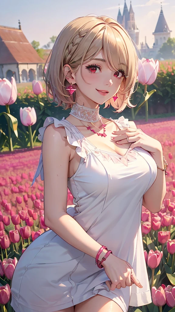 (Masterpiece, BestQuality:1.3), (ultra detailed:1.2), (hyperrealistic:1.3), (RAW photo:1.2), High detail RAW color photo, professional photograph, (Photorealistic:1.4), (realistic:1.4), professional lighting, perfect anatomy, (Big Breasts:1.2), (blush, detailed face), (cheerful Smile:1.5), (Pink Hair:1.5), Trending Hair&Trending Hairカラーをランダムに, earrings, necklace, bracelet, sexly, erotic sexly, Random sexy gravure poses, ((Woman in white chiffon dress、Spring flower field background、Bright smile、Flower Headband、Pose showing skirt。: 1.3)