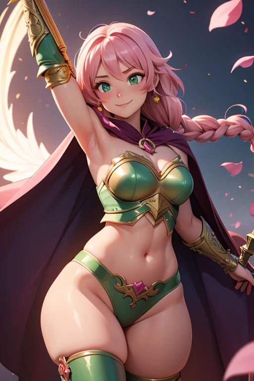 Young sexy girl, detailed face and body, 18 year old, short, Firm figure, small breasts, medieval wizard outfit, underboob, short skirt, Horny, straight sword swinging, rosa pilzwaldhintergrund, heavenly forest, pastel colors, pink sky