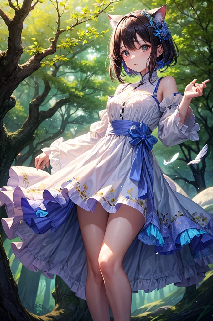 ((junkotvv cabello largo negro, orejas de gato, ojos rojos)), Lumine | genshin impact, master-piece, bestquality, 1girls,25 years old, proportional body, proportional., Wedding Dresses, White Wedding Dress, Long skirt, wedding, mediuml breasts, ,bara, Standing in the middle of a flower garden, outdoor, wedding, The sky is beautiful, Both hands hold a bouquet of flowers.................., View viewers from the front., Thigh strap, Head tilt, bored, 10, 10, HD, slight smile,
