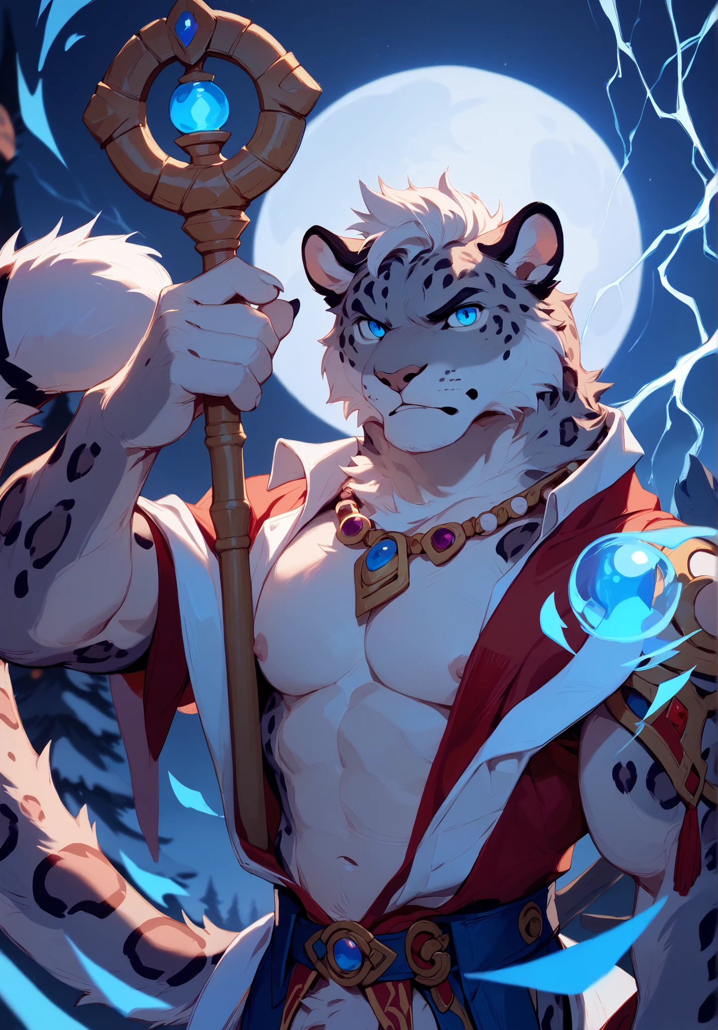 Best Quality,High Quality,Ultra High Resolution,detailed eyes, Exquisite Face ,snow leopard,magician, Lightning Magic ,night,serious,Meatball,nipple,(Tail),5 Fingers,paw,serious表情,No shirt,Slim Necklace ,Staff,blue eyes,artist:Arashi Takehoto