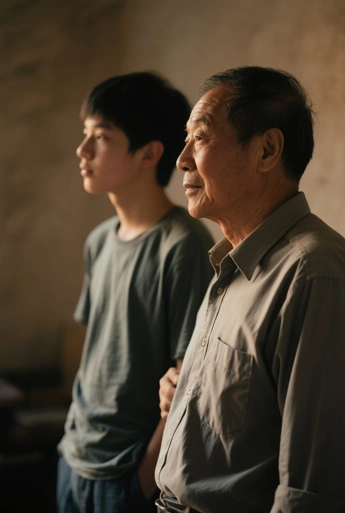 Creat a 18 boy try to talking with 6 older peoples who standing Infront of his , the boy opening his hands and try to explain something, background is a normal road, 8k very ultra realistic