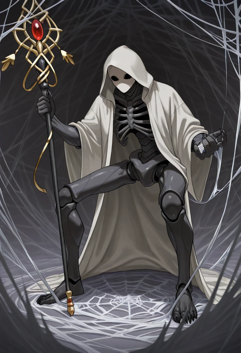Androgyne male on throne half naked skinny, long hair,throne of bones and skeletons