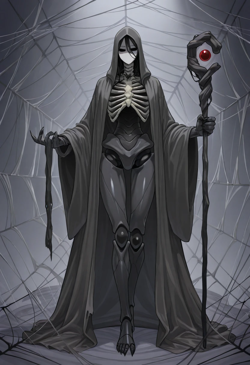Gothic style, dark series, character standing painting, 1girl, solo, spine, white background, skeleton, simple background, red eyes, hand on hip, veil, earrings, black hair, short hair, bone, jewelry, breasts, looking at viewer, mechanical arms, standing, ribs, closed mouth<lora:GETE:0.8>,