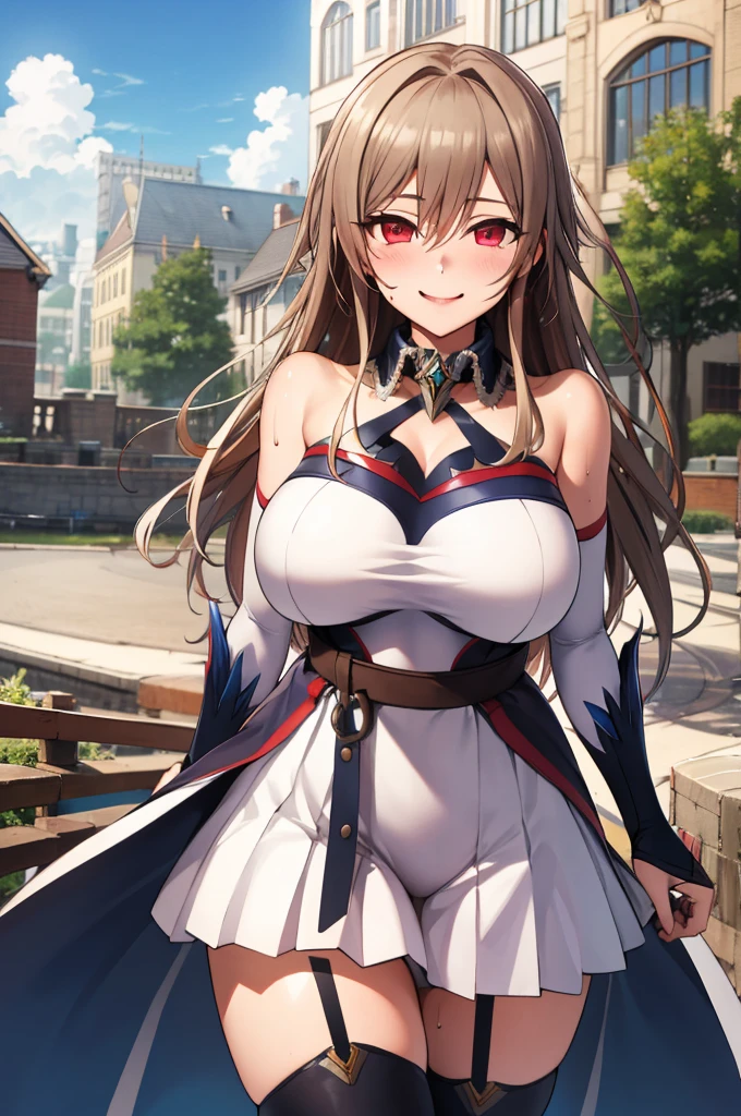 masterpiece, best quality, highres, fel1, bridal gauntlets, black thighhighs, bare shoulders, belt, garter straps, white dress, elbow gloves, outdoors, cowboy shot, huge breasts,smile,sweating