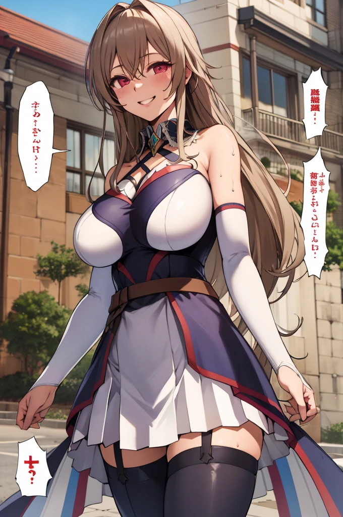 Furen E Rustario,takeda hiromitsu style,standing,huge breasts,angry,smile,blush,