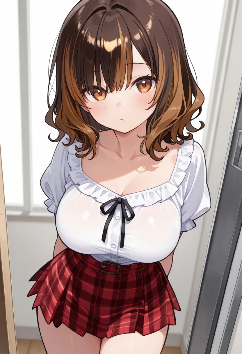(masterpiece:1.3), (best quality:1.3) ,(perfect lighting:1.1),1girl,(solo:1.3), anime,1girl,cowboy_shot,large breasts,standing,indoors,
 <lora:tokinosora:0.8> tokinosoracasualHL, long hair, skirt, shirt, hair ornament, brown eyes, hair ribbon,side ponytail,pink ribbon, pink shirt, long skirt, brown skirt, star hair ornament,collarbone,
