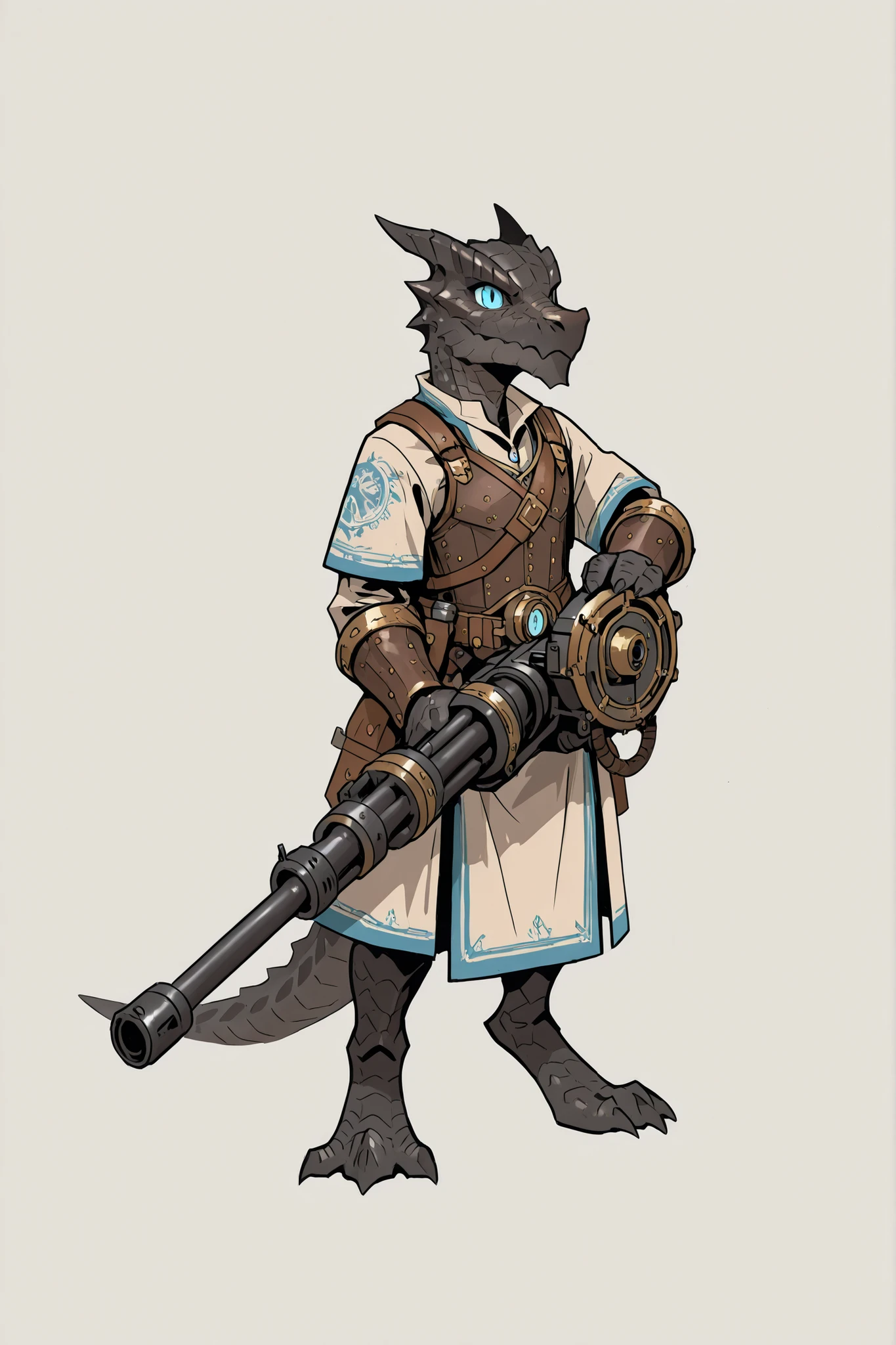 charater sheet, kobold, male, reptilian blue eyes, black scales, holding a minigun with both hands,
full armor, artificer, steampunk, brown clothes, kushala daora