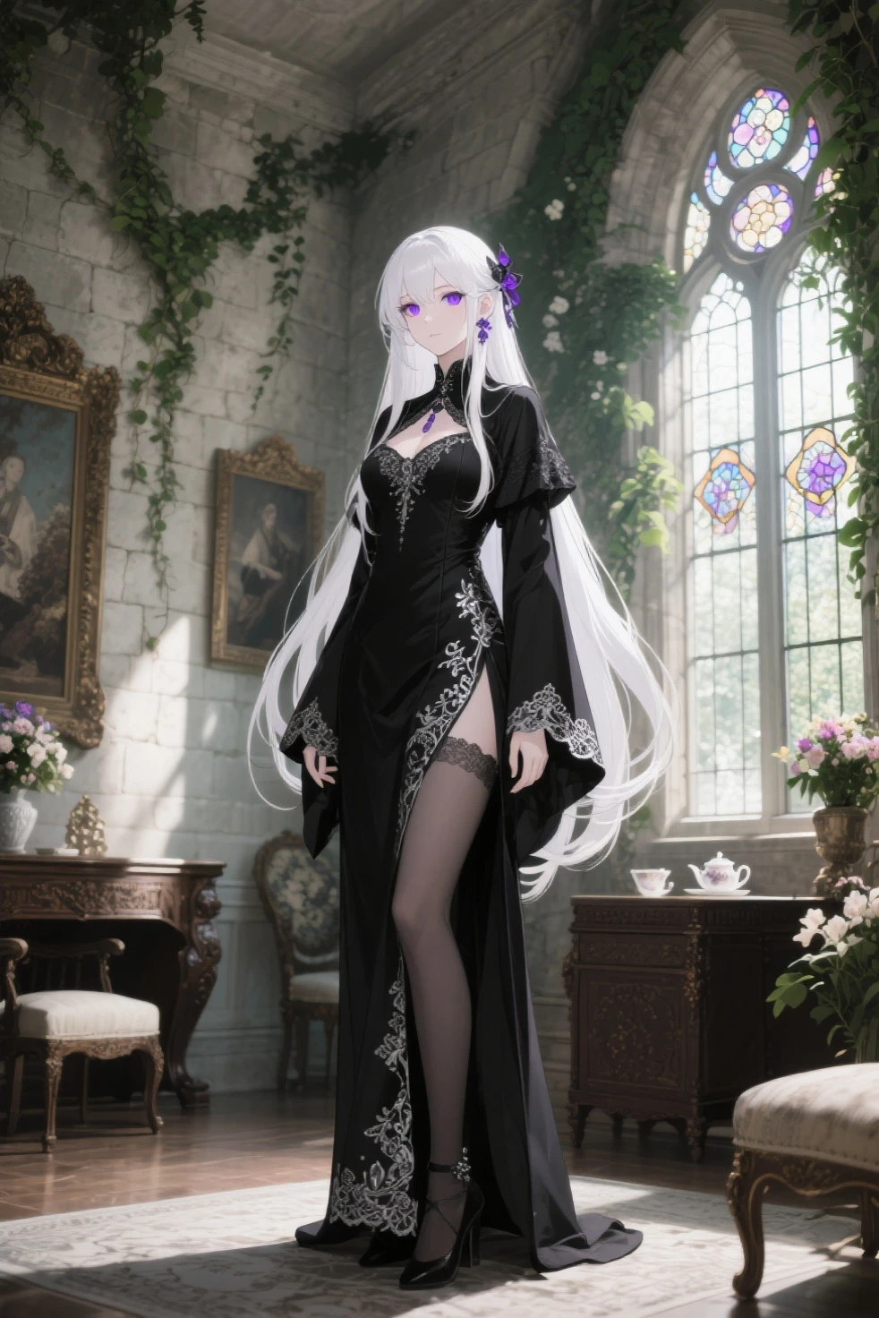 8k, masterpiece, full body, In the realm of anime, let me introduce you to a captivating female character that embodies an air of mystery. Picture her in your mind's eye: a striking figure draped in dark-colored attire, her presence commanding attention. With each step she takes, the atmosphere seems to be tinged with an enigmatic aura.

Her most striking feature lies in her piercing purple eyes. They are like two shimmering amethysts, gazing into the depths of one's soul, leaving an indelible impression. They hold a sense of wisdom and intensity, hinting at the secrets she may possess.

Cascading down her back, her long, flowing hair is a pristine shade of white, contrasting beautifully against her dark attire. It flows like a waterfall, its silky strands seeming to possess an otherworldly glow. As she moves, her hair trails behind her, adding a touch of elegance to her every gesture.

The choice of her clothing aligns with her enigmatic nature. She prefers dark colors, perhaps donning a sleek, form-fitting dress or a flowing cloak that billows gently in the wind. The fabric is of the highest quality, exuding an air of sophistication and refinement. The intricate details of her attire, such as delicate lace or elegant patterns, hint at her attention to aesthetics.

As she stands against a dark background, perhaps in a moonlit night or a dimly lit room, the contrast intensifies the allure of her character. The shadows seem to embrace her, enhancing the air of mystery that surrounds her. It's as if she exists on the boundaries of light and darkness, effortlessly navigating both realms.

In the world of anime, this female character captivates viewers with her dark-colored attire, mesmerizing purple eyes, long white hair, and the mysterious ambiance that surrounds her. She is a complex enigma, a figure that leaves an indelible mark on the imagination of those who encounter her.