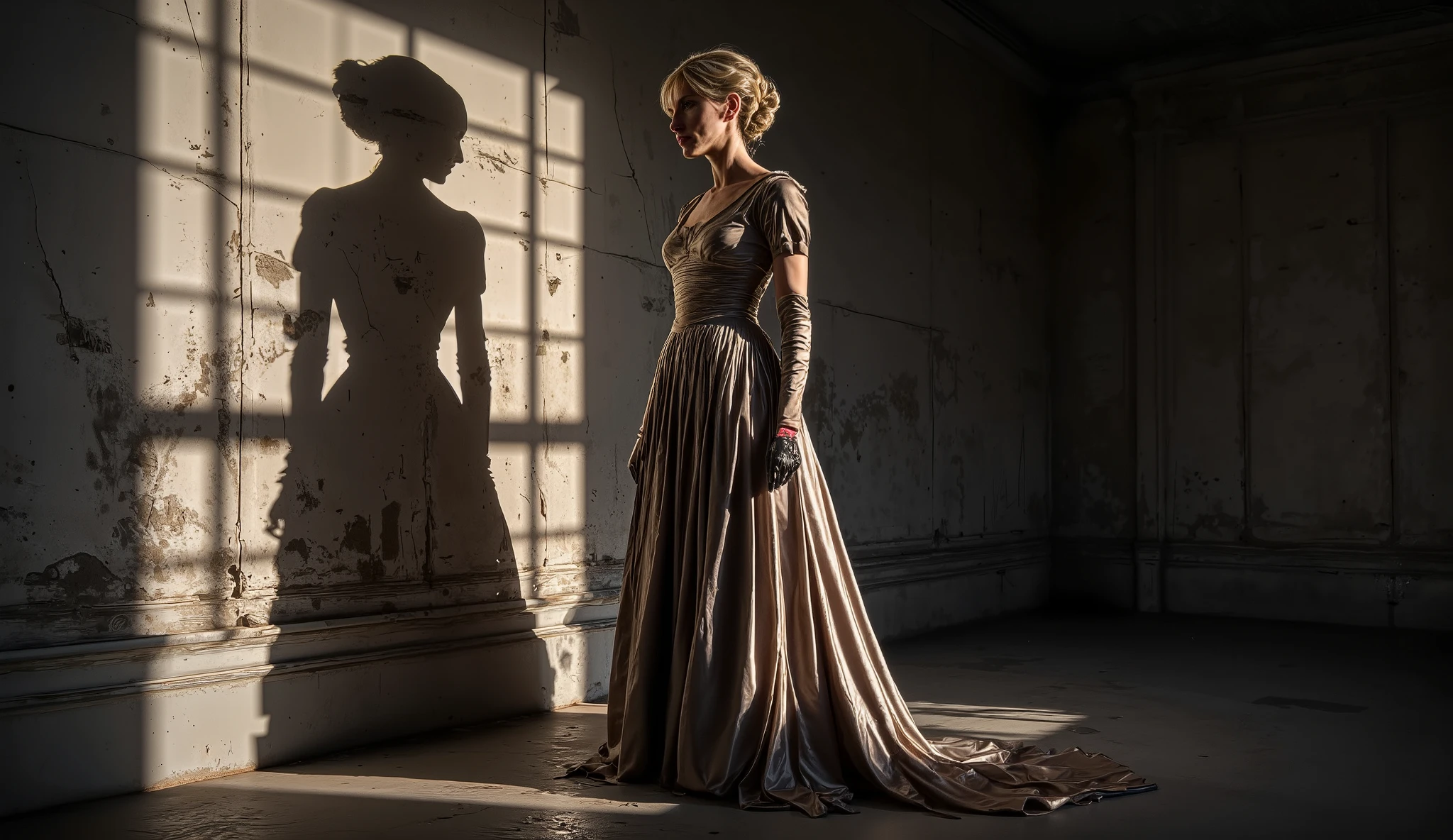 "The shadow of an elegant woman is projected onto an old, cracked wall. Eleanor's voice echoes through the empty, gloomy room, full of authority and venom. We don't see her face, only her imposing silhouette wrapped in a luxurious period dress, her hair tied in a stiff bun. The lighting is low and dramatic, with shafts of light cutting through the darkness, creating an air of mystery and menace. The atmosphere is heavy, as if the room itself were absorbing her words. 16:9 cinematic format, slightly grainy vintage texture, warm tones and deep shadows, hyper-realistic style."