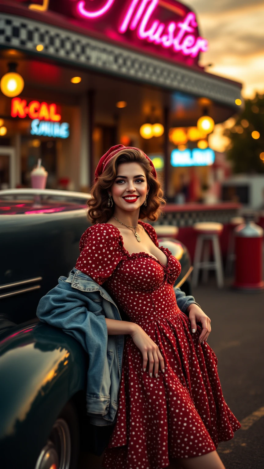 (best quality,4k,8k,highres,masterpiece:1.2),ultra-detailed,(realistic,photorealistic,photo-realistic:1.37),wes anderson style photo,35mm film,girl dressed in red with blue shoes and hat,golden light,serene faces,distinctive noses,cityscape photographer,curly hair,young. cleavage, Idina Menzel