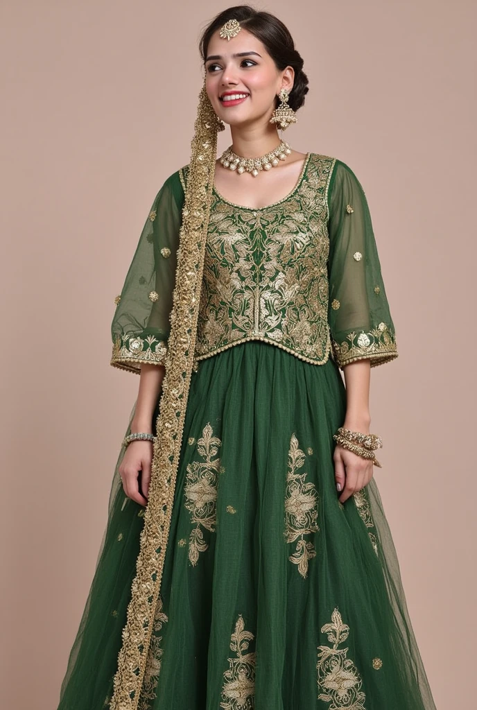 The image shows a person wearing traditional Indian attire. The outfit is a green garment with intricate gold embroidery and embellishments. The person is also wearing a matching gold headpiece and large gold earrings. The background is a plain, neutral-colored surface, which helps to highlight the person and their traditional attire.