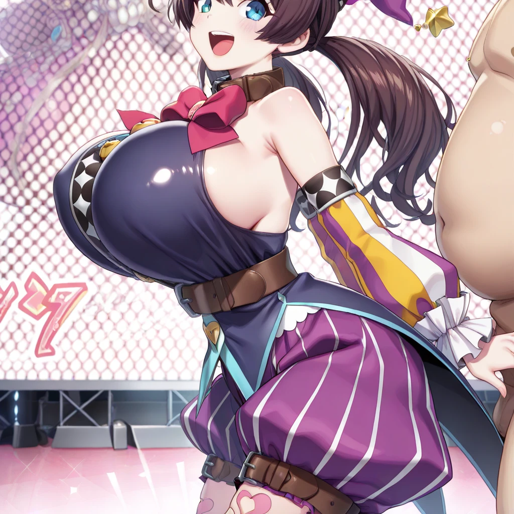 (best quality), (very aesthetic), (ultra-detailed), (best (best quality), (very aesthetic), (ultra-detailed), (best illustration),
(((one women))),(((black hair))),(((long hair))),(((high ponytail))),(((forehead))),(((blue eyes))),(((beautiful face))),(((huge breasts:1.8))),
BREAK,(((magical girl purple outfit,frill mini skirt)))
BREAK,(((seductive smile))),
BREAK,(((selfie)))
BREAK,(((On the stage at a music festival))),
BREAK, (((Angle from above)))