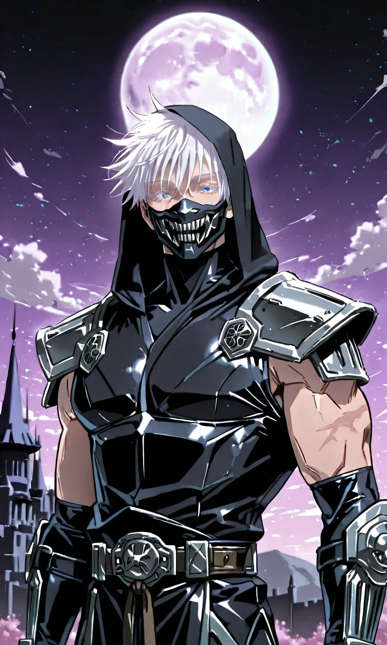 1man, gojou satoru /(jujustu kaisen/), detailed eyes, blue eyes, white hair, short hair, detailed eyelashes, colored eyelashes, sexy man, trained body, muscular, handsome, cool, mature man
scar on right eye, wide shot, moon, purple sky, castle background, (((masterpiece))), (((best quality))), (((ultra detailed))), samurai, holding katana, dynamic pose, sinozick style, flat color, dark theme, Mr.Way style, AddXL, ninja (mortal kombat), solo, black vest, shoulder armor, gauntlets, black hood, armored gloves, elbow gloves, bodysuit, mask, ninja, ninja mask, mouth mask, hood up, belt, gloves, upper_body