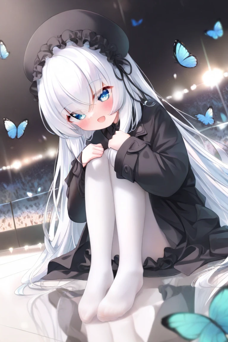 (mmd style), wlop, chen bin, ciloranko, omone hokoma agm, ask (askzy), god light, 1girl,  solo,  green eyes,  long hair,  bug,  book,  hair ornament,  hat,  white pantyhose,  butterfly,  no shoes,  looking at viewer,  pantyhose,  feet,  blush,  long sleeves,  bangs,  sitting,  black headwear,  white hair,  skirt,  ahoge,  x hair ornament,  hair between eyes,  open mouth,  smile,  blue butterfly,  capelet,  sweater,  sleeves past wrists,  hairclip,  beret,  book stack,  :d,  very long hair,  black capelet,  black skirt,  knees up,  legs,  toes,  can,  hand on own knee,  frills,  between legs,  soles,  bow,  indoors,  hand between legs,  plant,  puffy long sleeves , , mikozin, wlop, tianliang duohe fangdongye