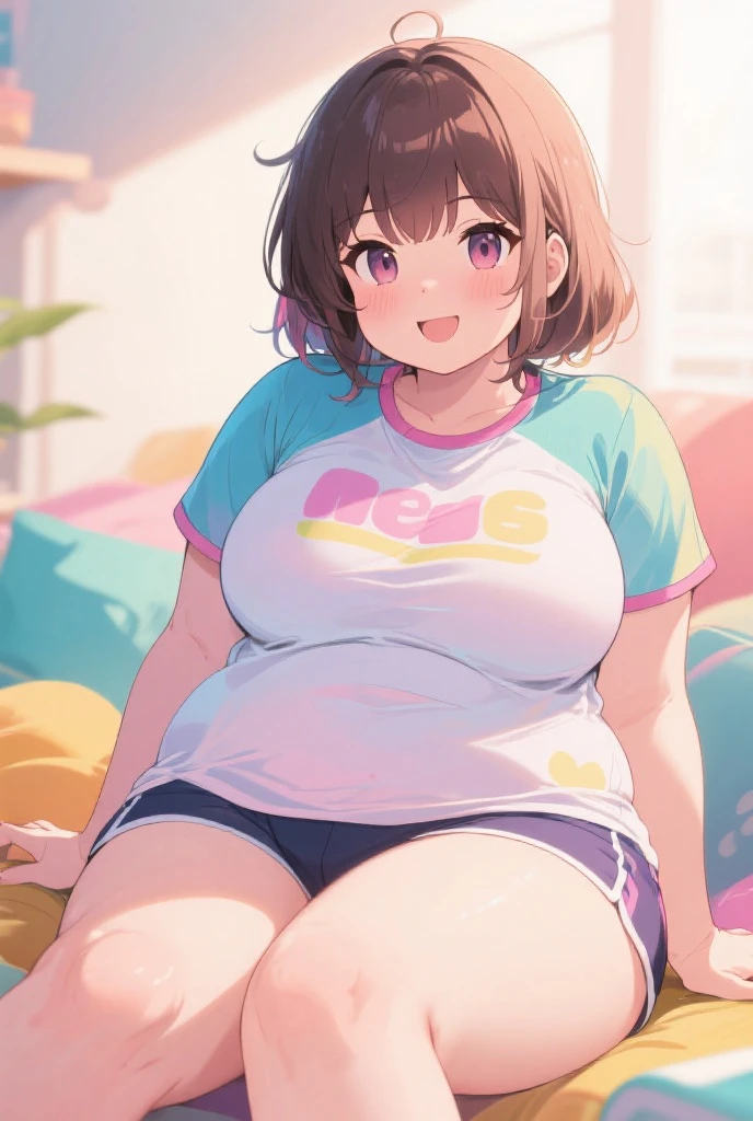 Massively obese girl, messy short brown hair, white t-shirt, sports shorts, determined face, chubby cheeks, fang, game controller, blob, ussbbw, morbidly obese, fat rolls, navel, ahoge, , sweating, headphones, BREAK bedroom, gaming room, night