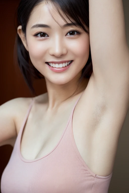 1 female,Realistic,Highest quality,Ultra-high resolution,8k,Cool Beauty,,Perfect Style,nude、,Japanese,Upper body close-up,smile,Looking into the camera,Small breasts naked Armpit pores Armpit Up